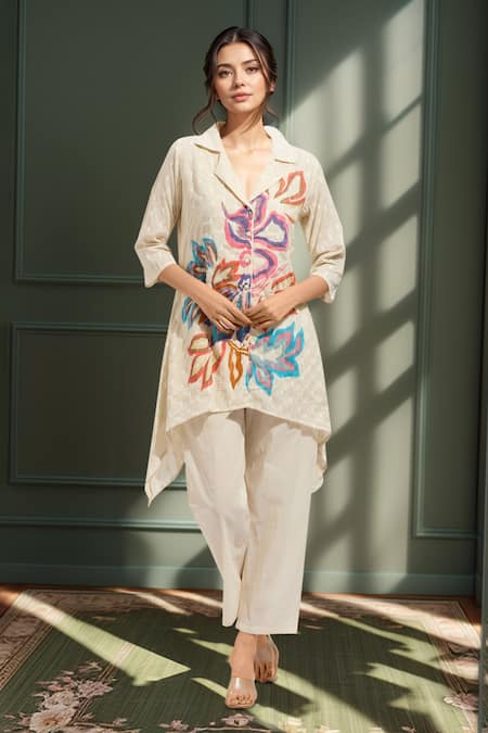 Samyukta Singhania Multi Color Cotton Embroidery Collared Kurta Set 