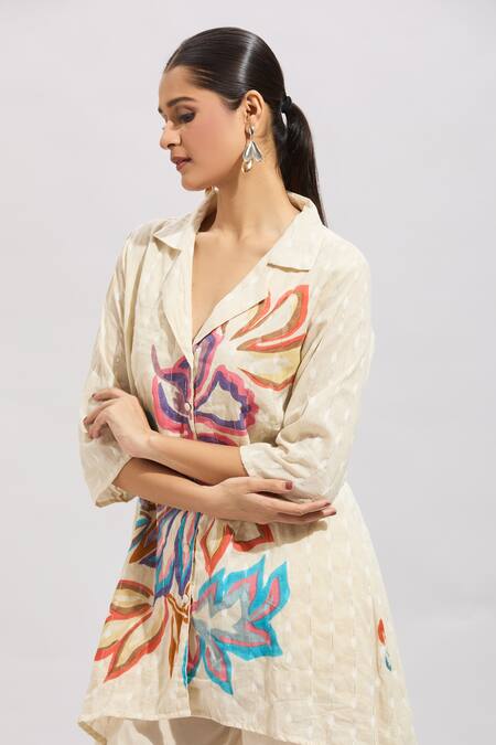 Samyukta Singhania Multi Color Cotton Embroidery Collared Kurta Set at Aza Fashions Samyukta Singhania_Multi Color Cotton Embroidery Collared Kurta Set_at_Aza_Fashions