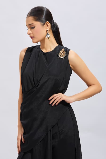 Samyukta Singhania_Black Silk Round Neck Drape Top And Pants Set _at_Aza_Fashions