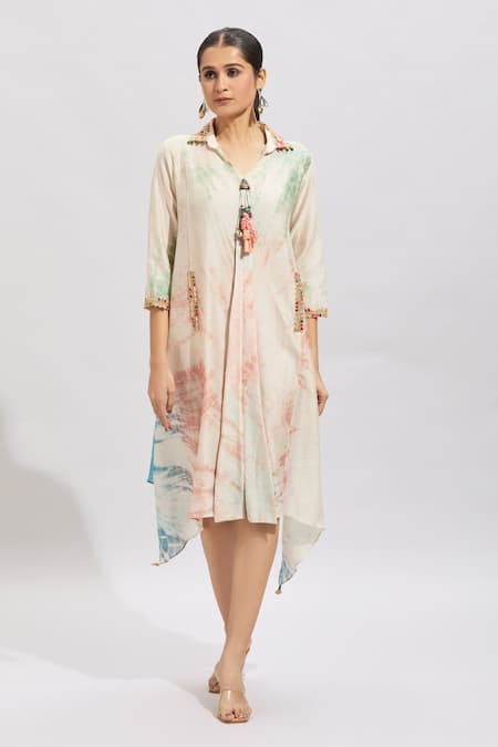 Samyukta Singhania Multi Color Cotton Beads Collared Shibori Printed A-line Midi Dress Online at Aza Fashions Samyukta Singhania_Multi Color Cotton Beads Collared Shibori Printed A-line Midi Dress _Online_at_Aza_Fashions