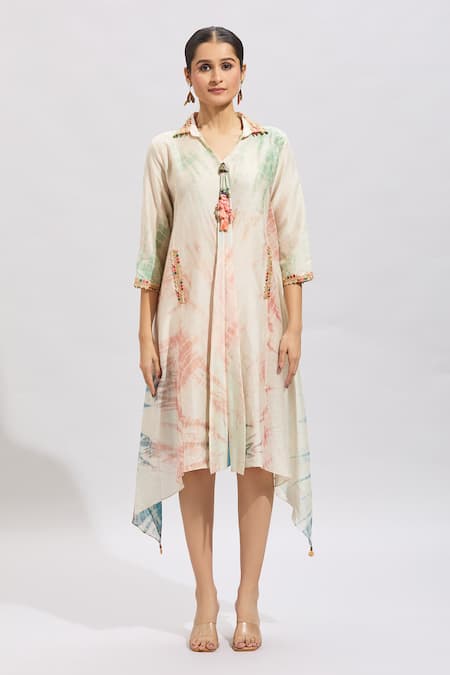 Buy Samyukta Singhania Multi Color Cotton Beads Collared Shibori Printed A-line Midi Dress Online at Aza Fashions Buy_Samyukta Singhania_Multi Color Cotton Beads Collared Shibori Printed A-line Midi Dress _Online_at_Aza_Fashions