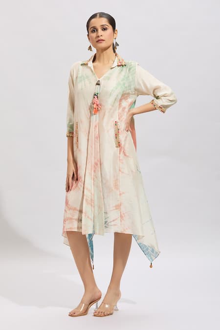Shop Samyukta Singhania Multi Color Cotton Beads Collared Shibori Printed A-line Midi Dress Online at Aza Fashions Shop_Samyukta Singhania_Multi Color Cotton Beads Collared Shibori Printed A-line Midi Dress _Online_at_Aza_Fashions