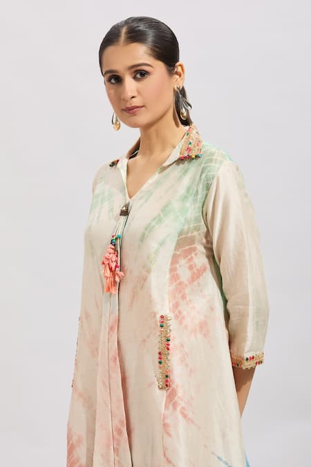 Samyukta Singhania Multi Color Cotton Beads Collared Shibori Printed A-line Midi Dress at Aza Fashions Samyukta Singhania_Multi Color Cotton Beads Collared Shibori Printed A-line Midi Dress _at_Aza_Fashions