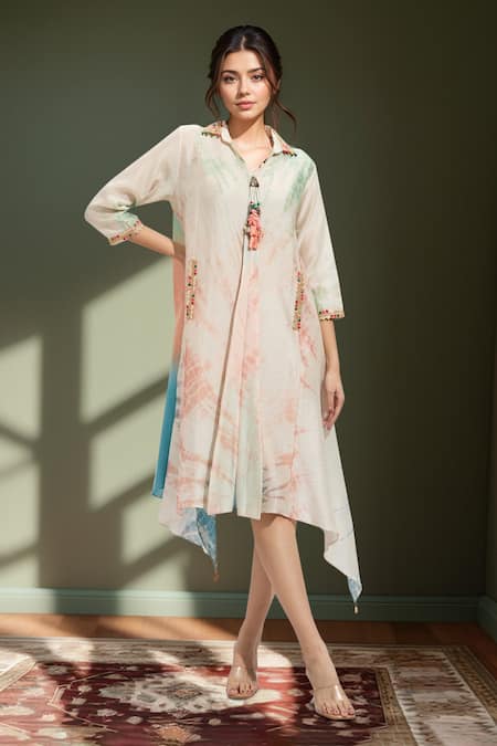 Samyukta Singhania Multi Color Cotton Beads Collared Shibori Printed A-line Midi Dress