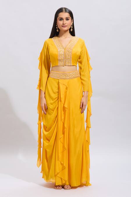 Samyukta Singhania Yellow Silk, Chiffon Embroidery, Beads V-neck Chinnon Kurta Set Online at Aza Fashions Samyukta Singhania_Yellow Silk, Chiffon Embroidery, Beads V-neck Chinnon Kurta Set _Online_at_Aza_Fashions