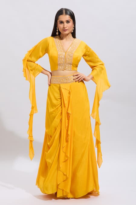 Buy Samyukta Singhania Yellow Silk, Chiffon Embroidery, Beads V-neck Chinnon Kurta Set Online at Aza Fashions Buy_Samyukta Singhania_Yellow Silk, Chiffon Embroidery, Beads V-neck Chinnon Kurta Set _Online_at_Aza_Fashions