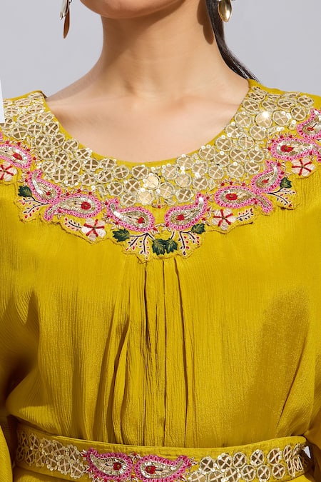 Shop_Samyukta Singhania_Yellow Chiffon Embroidery, Sequins Round Neck Hand Kurta Set _Online_at_Aza_Fashions
