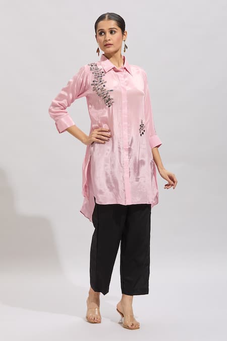 Shop_Naintara Bajaj_Pink Silk, Polyester Embroidery Collared Hand Kurta Set _Online_at_Aza_Fashions