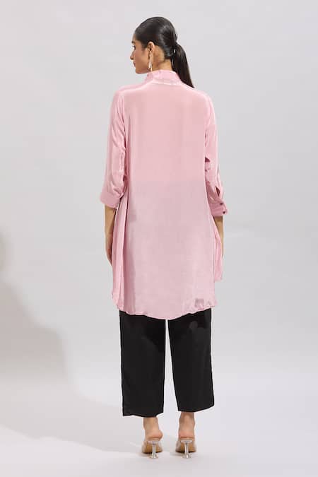 Shop_Naintara Bajaj_Pink Silk, Polyester Embroidery Collared Hand Kurta Set _at_Aza_Fashions