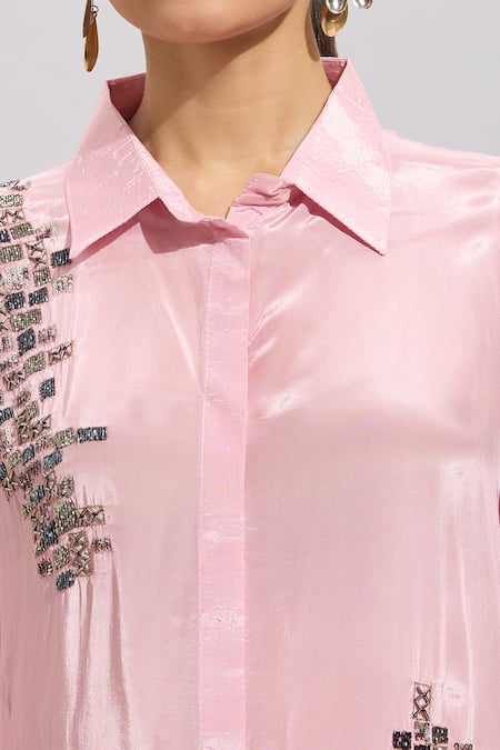 Naintara Bajaj_Pink Silk, Polyester Embroidery Collared Hand Kurta Set _at_Aza_Fashions