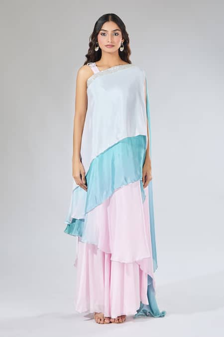 Samyukta Singhania_Pink Chiffon, Polyester One Shoulder Layered Asymmetrical Top And Palazzo Set _Online_at_Aza_Fashions
