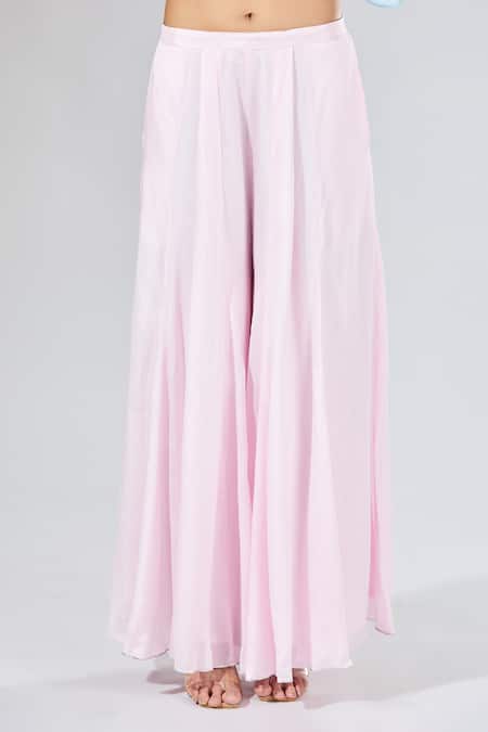 Buy_Samyukta Singhania_Pink Chiffon, Polyester One Shoulder Layered Asymmetrical Top And Palazzo Set _Online_at_Aza_Fashions