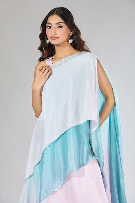 Shop_Samyukta Singhania_Pink Chiffon, Polyester One Shoulder Layered Asymmetrical Top And Palazzo Set _Online_at_Aza_Fashions