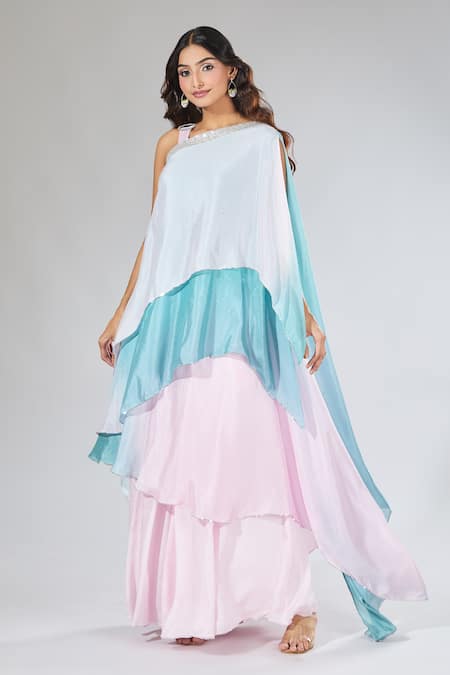 Samyukta Singhania_Pink Chiffon, Polyester One Shoulder Layered Asymmetrical Top And Palazzo Set _at_Aza_Fashions