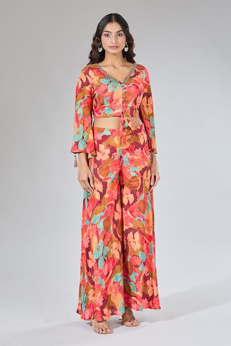 Samyukta Singhania_Red Cotton V-neck Floral Print Crop Top And Palazzo Set _Online_at_Aza_Fashions