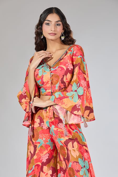 Shop_Samyukta Singhania_Red Cotton V-neck Floral Print Crop Top And Palazzo Set _Online_at_Aza_Fashions