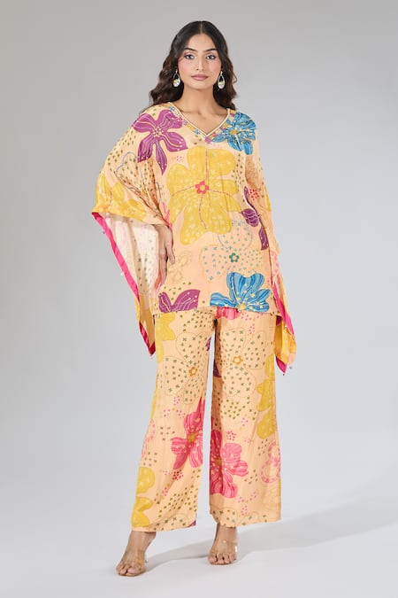 Samyukta Singhania_Multi Color Cotton Embroidery V-neck Printed Kaftan And Pants Set _Online_at_Aza_Fashions