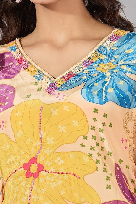 Buy_Samyukta Singhania_Multi Color Cotton Embroidery V-neck Printed Kaftan And Pants Set _Online_at_Aza_Fashions