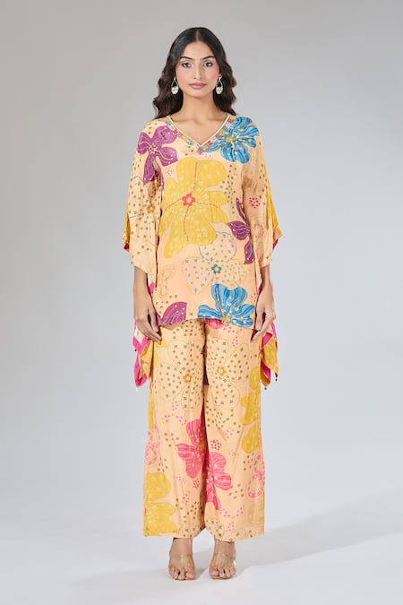 Shop_Samyukta Singhania_Multi Color Cotton Embroidery V-neck Printed Kaftan And Pants Set _Online_at_Aza_Fashions