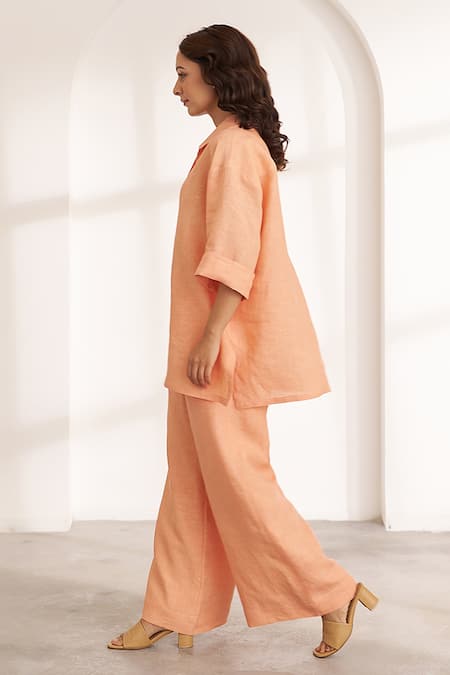 Vaaya Peach Linen Relaxed Shirt & Wide-Leg Pant Set 