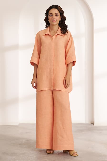 Vaaya_Peach Linen Collared Relaxed Shirt And Wide-leg Pant Set _Online_at_Aza_Fashions