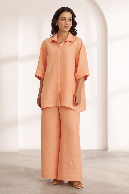 Shop_Vaaya_Peach Linen Collared Relaxed Shirt And Wide-leg Pant Set _Online_at_Aza_Fashions