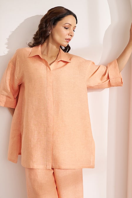 Vaaya_Peach Linen Collared Relaxed Shirt And Wide-leg Pant Set _at_Aza_Fashions