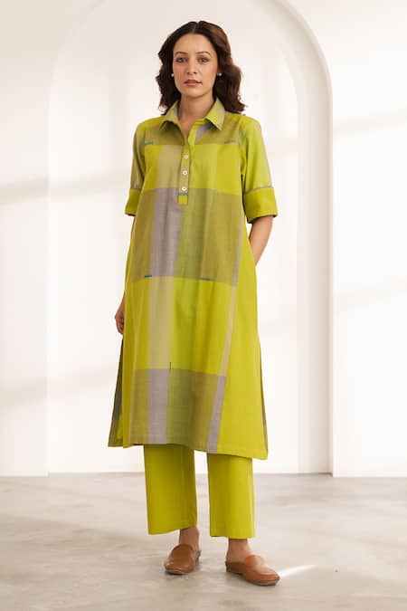 Shop_Vaaya_Green Cotton Collared Kochi Tunic And Pants Set _Online_at_Aza_Fashions