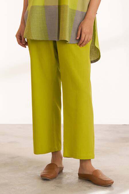 Buy_Vaaya_Green Cotton Round Neck Lime Colour Block Co-ord Set _Online_at_Aza_Fashions