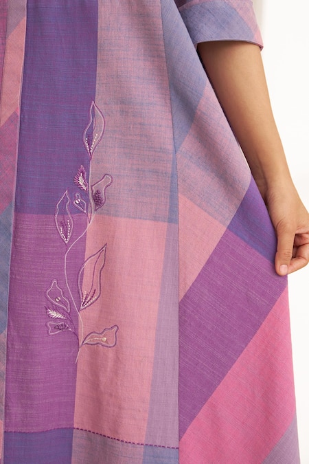 Vaaya_Purple Cotton Embroidery Round Neck Color Block Floral Midi Dress _Online_at_Aza_Fashions