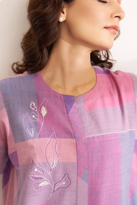 Buy_Vaaya_Purple Cotton Embroidery Round Neck Color Block Floral Midi Dress _Online_at_Aza_Fashions