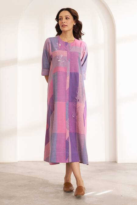 Shop_Vaaya_Purple Cotton Embroidery Round Neck Color Block Floral Midi Dress _Online_at_Aza_Fashions