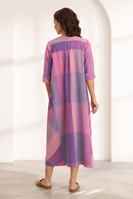 Shop_Vaaya_Purple Cotton Embroidery Round Neck Color Block Floral Midi Dress _at_Aza_Fashions