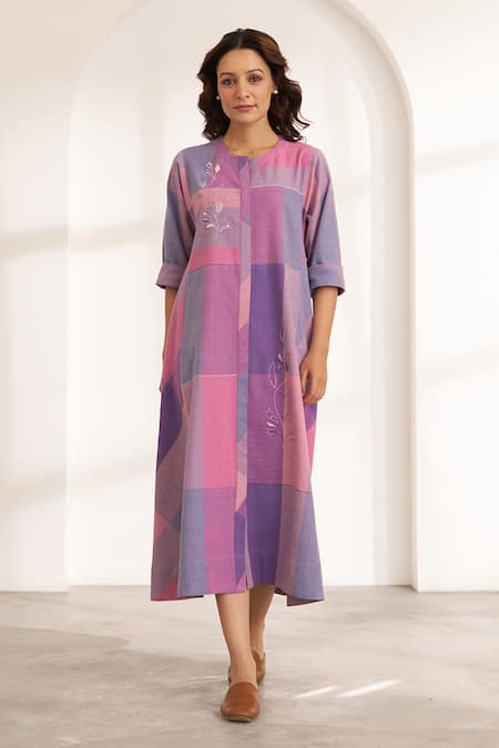 Vaaya_Purple Cotton Embroidery Round Neck Color Block Floral Midi Dress _at_Aza_Fashions