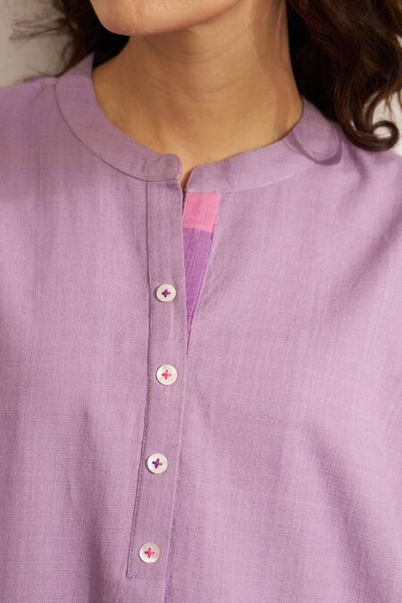 Vaaya_Lilac Cotton Collared Handwoven Kurta And Nubra Pants Set_Online_at_Aza_Fashions