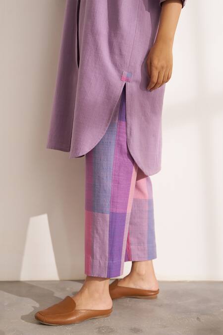 Shop_Vaaya_Lilac Cotton Collared Handwoven Kurta And Nubra Pants Set_Online_at_Aza_Fashions