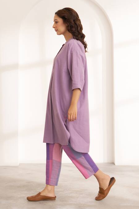 Vaaya_Lilac Cotton Collared Handwoven Kurta And Nubra Pants Set_at_Aza_Fashions