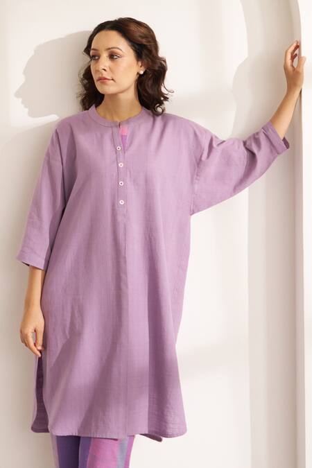 Buy_Vaaya_Lilac Cotton Collared Handwoven Kurta And Nubra Pants Set