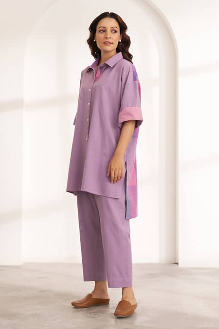 Vaaya_Lilac Cotton Collared Purple And Co-ord Set _Online_at_Aza_Fashions