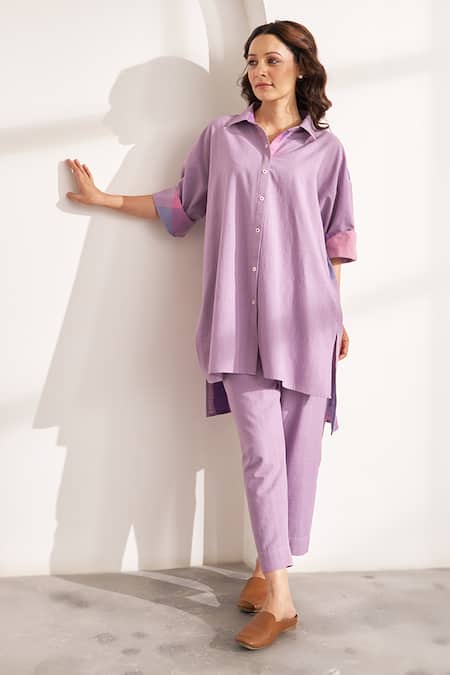 Shop_Vaaya_Lilac Cotton Collared Purple And Co-ord Set _Online_at_Aza_Fashions