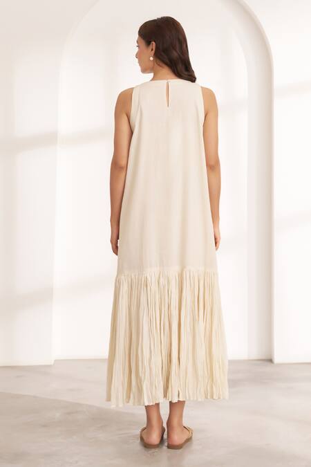 Shop_Vaaya_Off White Cotton Tassels Round Neck Crushed Mul Maxi Dress _at_Aza_Fashions