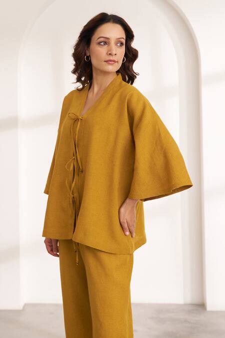 Vaaya_Mustard Hemp V-neck Yellow Co-ord Set _Online_at_Aza_Fashions
