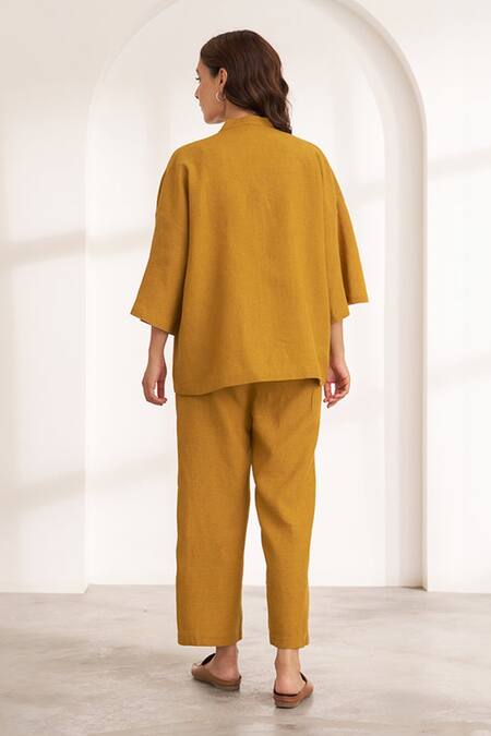 Shop_Vaaya_Mustard Hemp V-neck Yellow Co-ord Set _at_Aza_Fashions