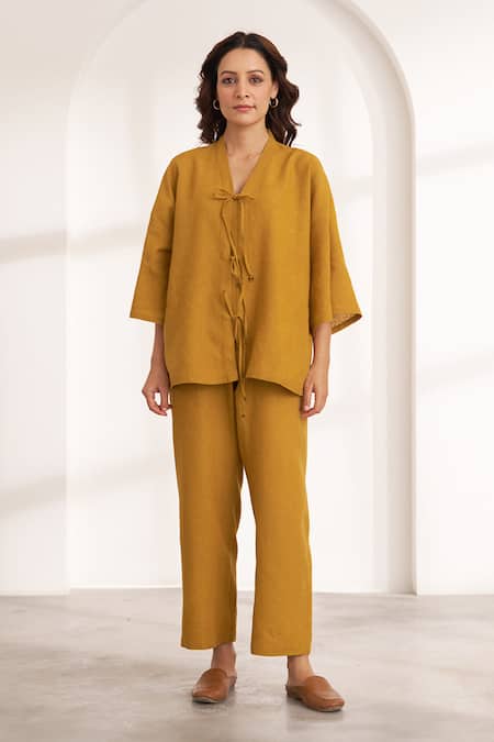 Buy_Vaaya_Mustard Hemp V-neck Yellow Co-ord Set _Online_at_Aza_Fashions