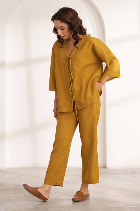 Shop_Vaaya_Mustard Hemp V-neck Yellow Co-ord Set _Online_at_Aza_Fashions