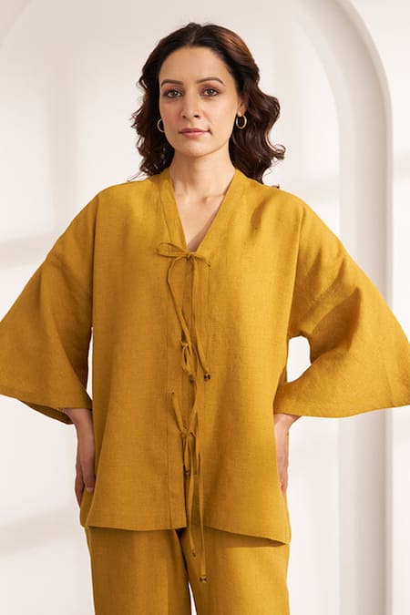 Vaaya_Mustard Hemp V-neck Yellow Co-ord Set _at_Aza_Fashions