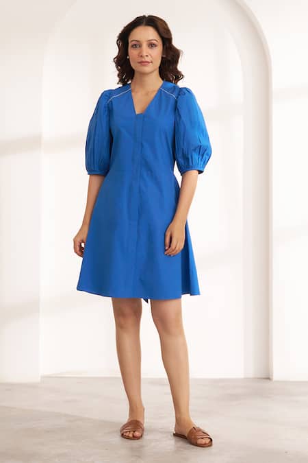 Vaaya_Blue Cotton V-neck Cobalt Puff Sleeve Dress _Online_at_Aza_Fashions