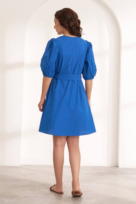 Shop_Vaaya_Blue Cotton V-neck Cobalt Puff Sleeve Dress _at_Aza_Fashions
