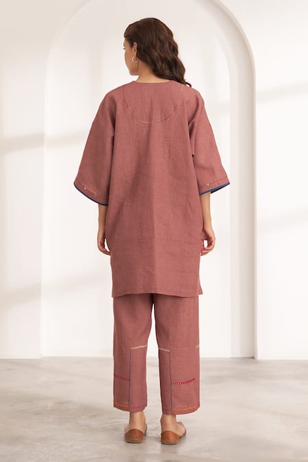 Shop Vaaya Brown Hemp Embroidery, Applique V-neck Cinnamon Co-ord Set at Aza Fashions Shop_Vaaya_Brown Hemp Embroidery, Applique V-neck Cinnamon Co-ord Set _at_Aza_Fashions