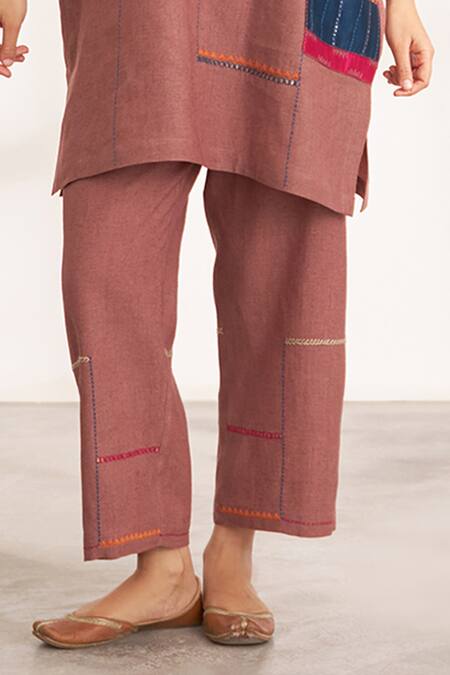 Shop Vaaya Brown Hemp Embroidery, Applique V-neck Cinnamon Co-ord Set Online at Aza Fashions Shop_Vaaya_Brown Hemp Embroidery, Applique V-neck Cinnamon Co-ord Set _Online_at_Aza_Fashions